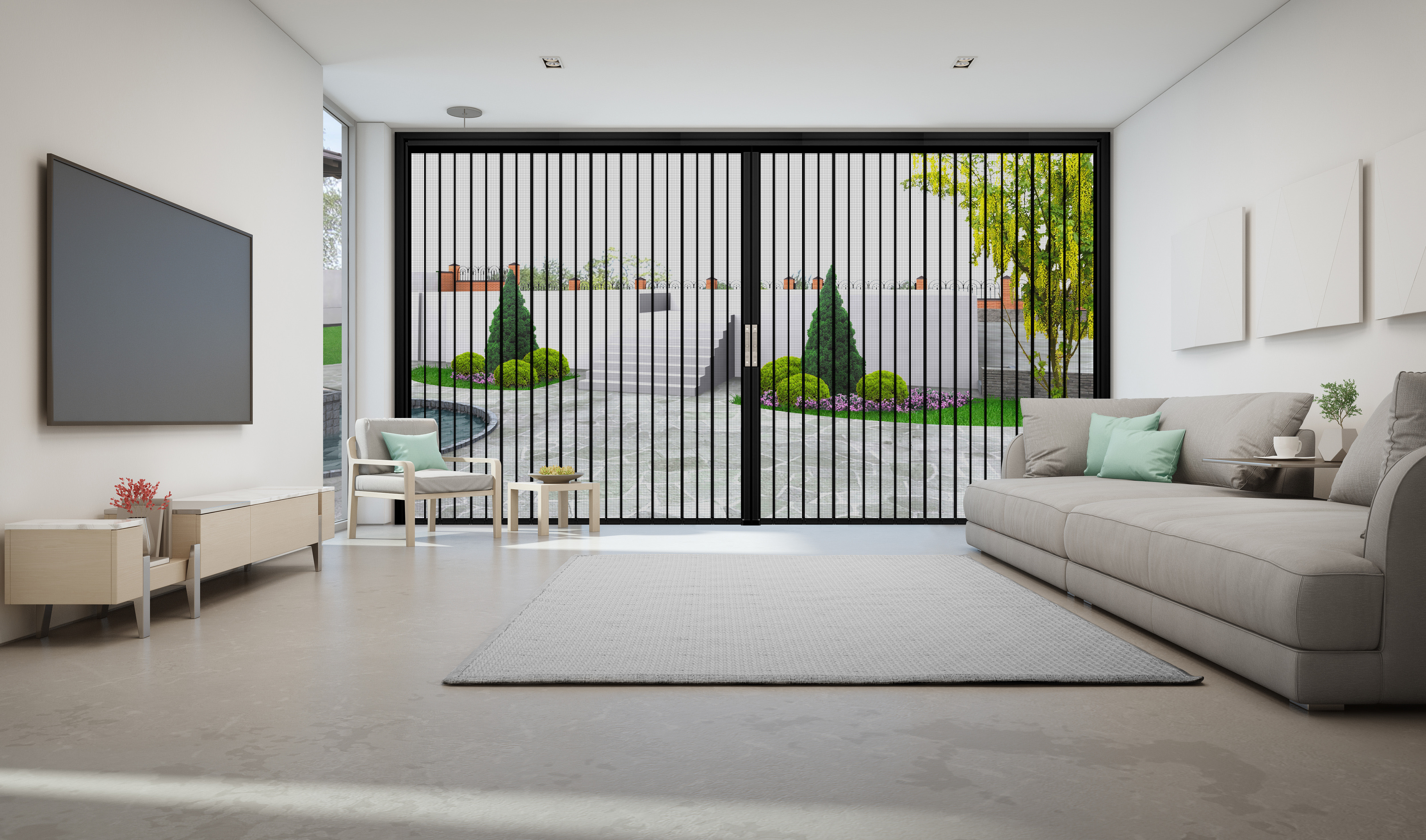 40 Cut folding security screen door installed across a wide opening