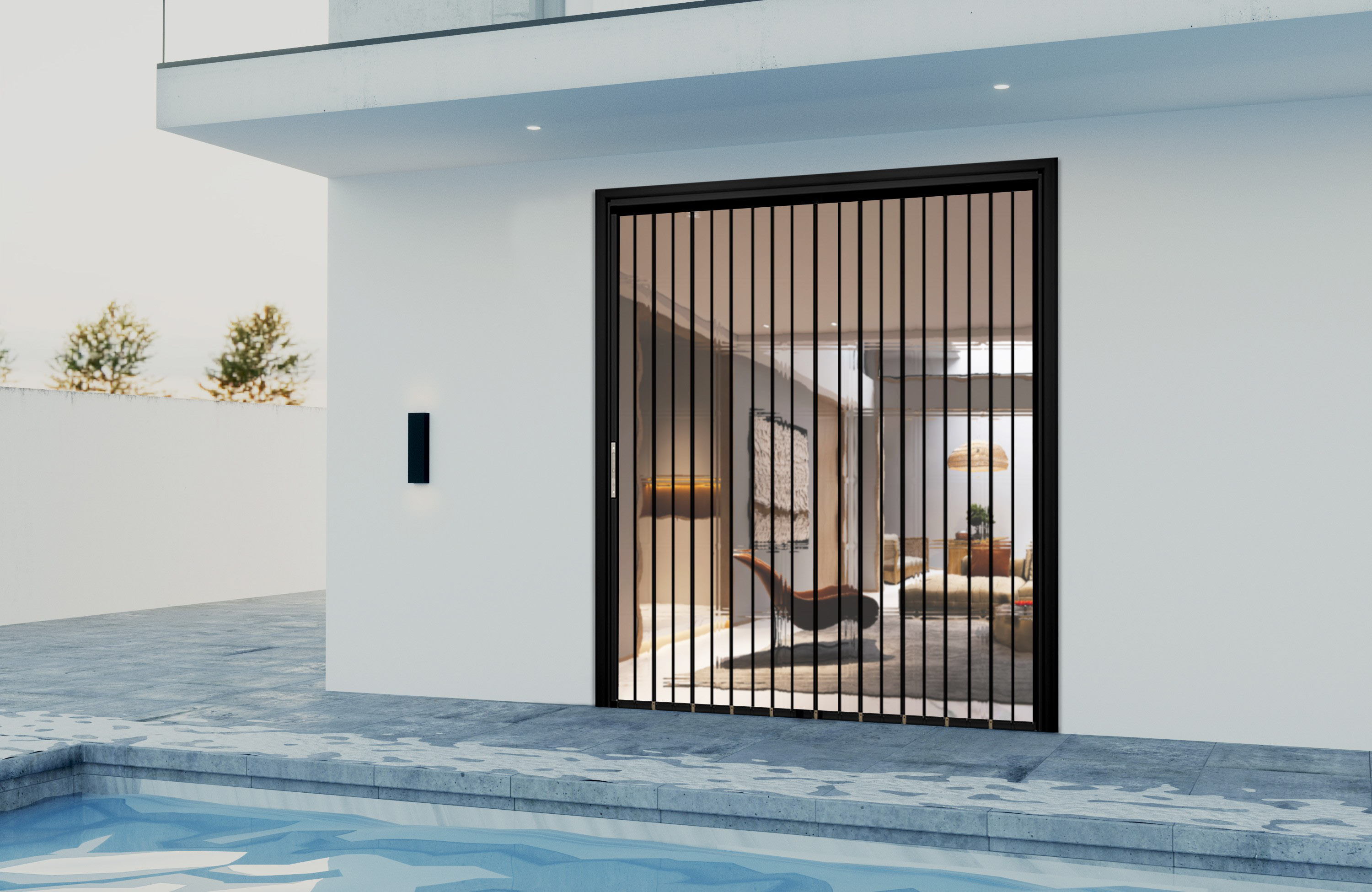 45 folding security screen door protecting a poolside opening