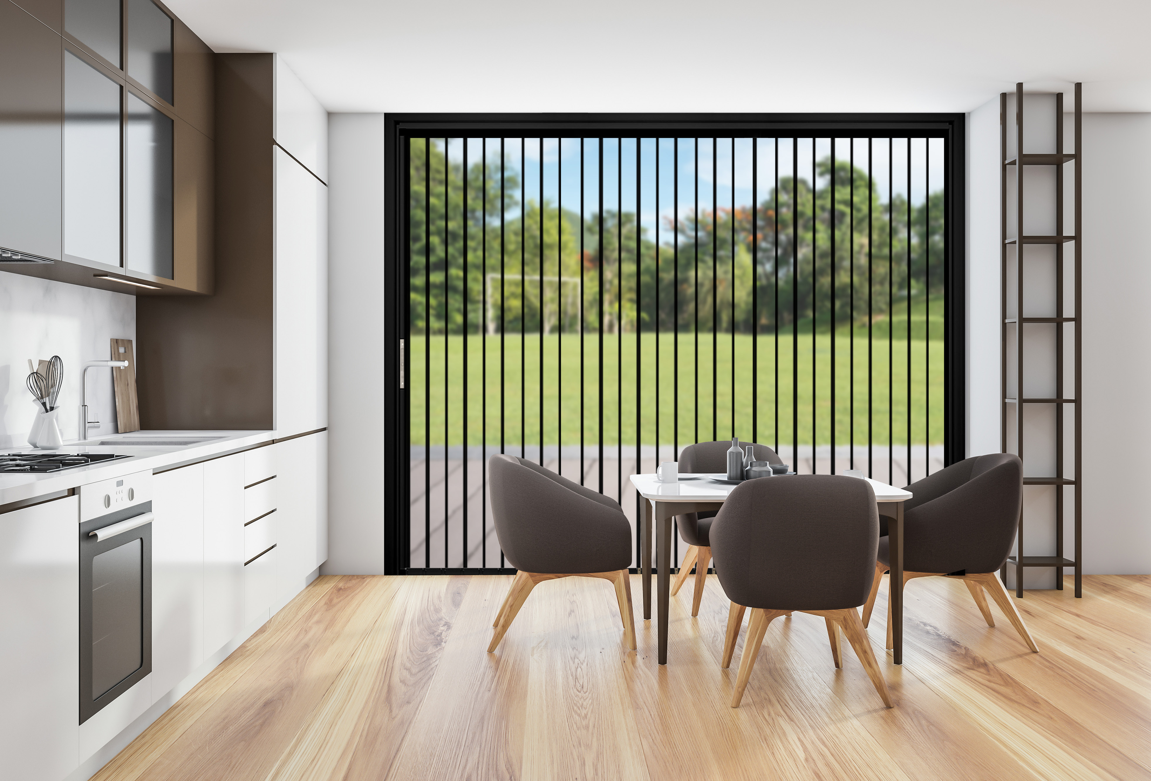 PC flat crystal board folding door separating a kitchen opening