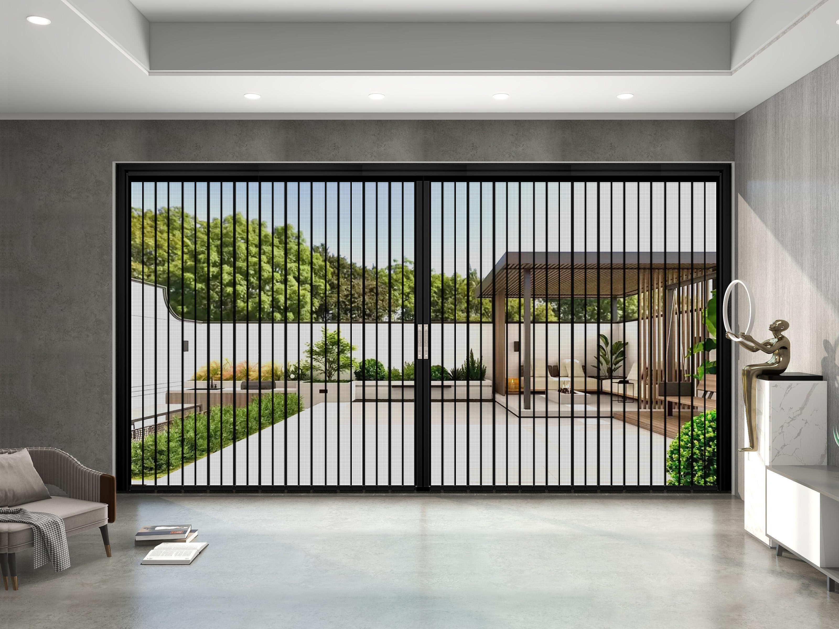 PC V-NET crystal board folding door in a contemporary interior